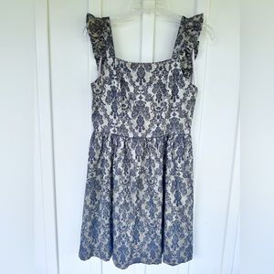 Altar'd State Silver Metallic Navy Blue Ruffle Damask Mini Dress Sz M